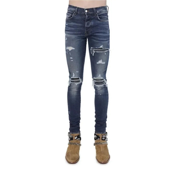 Amiri Men's MX1 Leather Patch Skinny Jeans 38 Blue 35 Inseam Distressed NWT - Picture 1 of 16